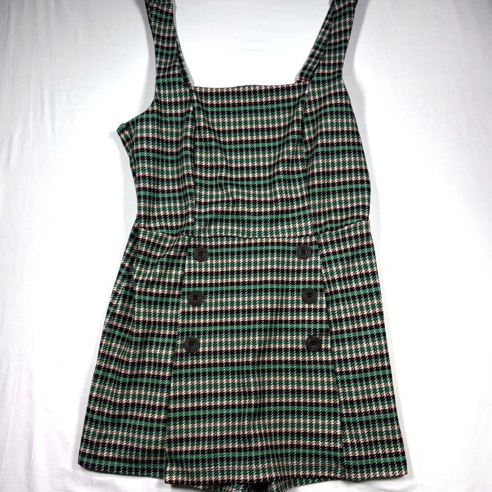 Fishbowl Womens Large Green Houndstooth Plaid Romper Cutout Back Preppy